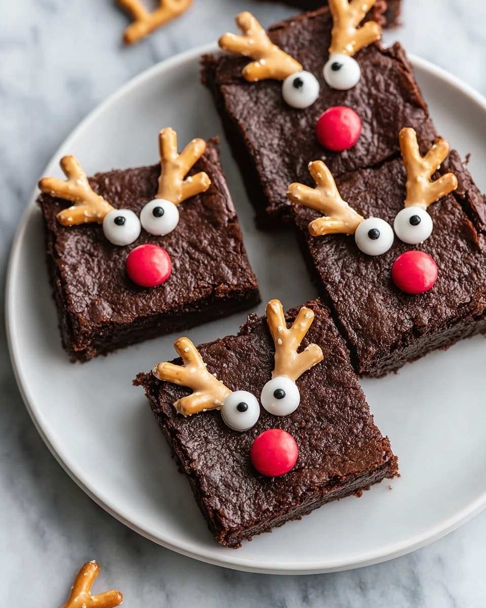 Five square brownies are placed on a white plate on a white marbled surface. Each brownie is dark brown, moist, and slightly cracked on top, showing a rich and dense texture. On each brownie, two small white candy eyes with black pupils sit near the center. Above the eyes are two beige peanut pieces arranged like antlers. Below the eyes is a single shiny red candy acting as a nose, making the brownies look like reindeer faces. The arrangement is close, with some brownies partially overlapping. Photo taken with an iphone --ar 4:5 --v 7