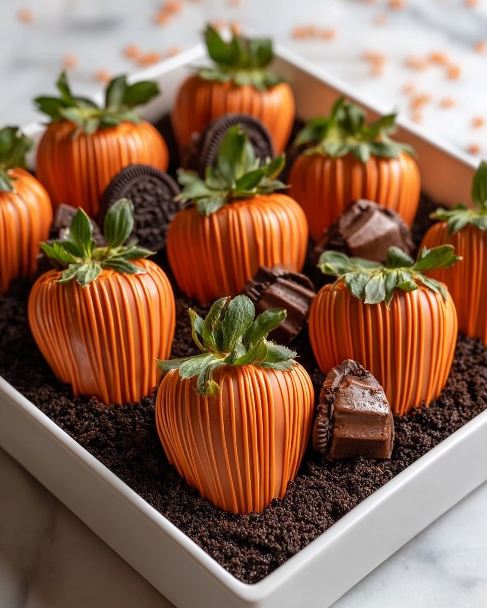A white square dish filled with a layer of dark brown crushed cookie crumbs resembling soil, topped with several bright orange strawberries coated in smooth chocolate. Each strawberry is decorated with thin vertical orange chocolate stripes and fresh green leafy tops, with a small sprinkling of crushed cookie crumbs around the base of the leaves. Scattered among the strawberries are halved chocolate peanut butter cups and round chocolate sandwich cookies partially buried in the cookie crumb layer. The setting is on a white marbled surface. photo taken with an iphone --ar 4:5 --v 7