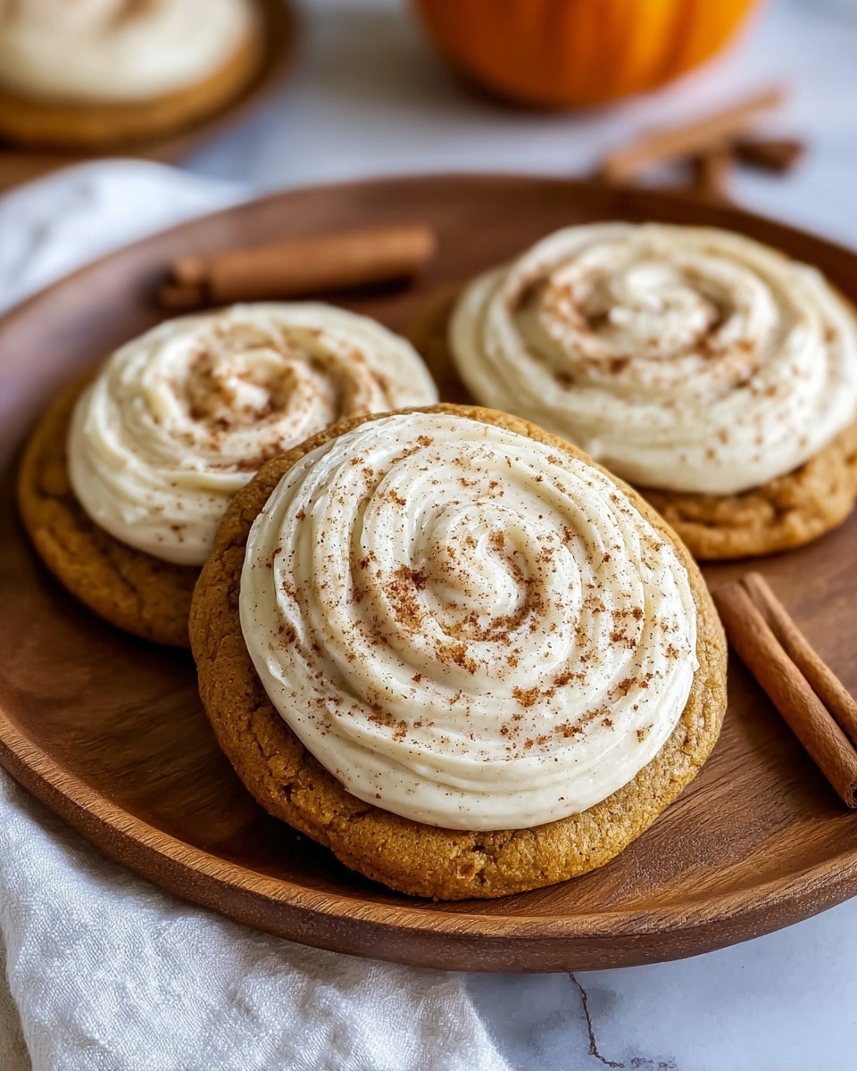 The image shows three round, soft-looking cookies with a golden-brown color, placed on a white plate with a wooden texture. Each cookie has one thick layer of creamy, light beige frosting that is swirled on top and dusted with a fine layer of dark brown powder, possibly cinnamon or cocoa. The cookies have a smooth but slightly cracked surface. The plate is set on a white marbled textured cloth, and a small orange pumpkin and a cinnamon stick are visible in the blurred background. Photo taken with an iphone --ar 4:5 --v 7