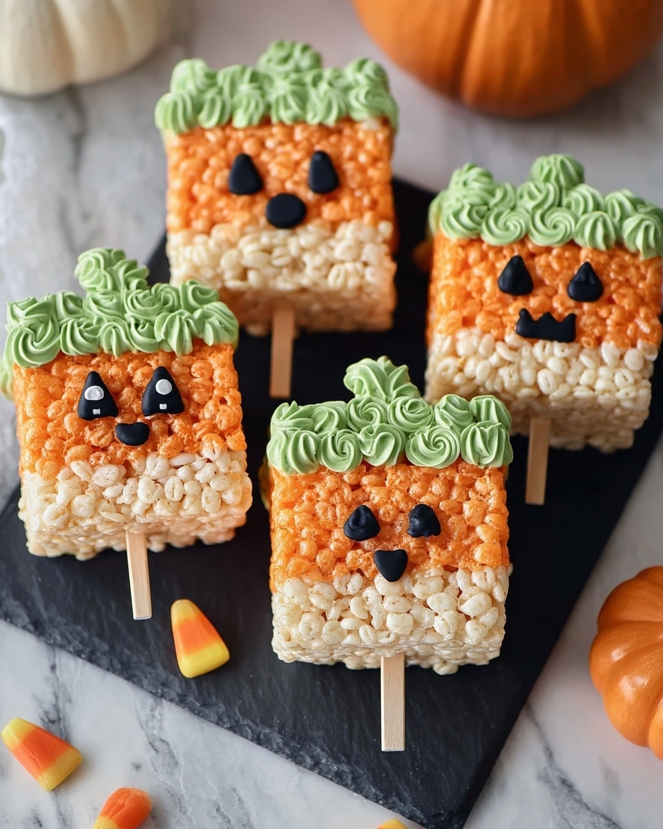 The image shows four square-shaped treats made of orange and white crispy rice cereal, stacked in two layers: the top layer is orange, and the bottom layer is white. Each treat has a face made with black icing, including big eyes and a small mouth with teeth, giving a spooky but cute expression. The top edge of each square is decorated with green icing piped in a wavy pattern, resembling leaves or a pumpkin stem. The treats are placed on a black slate board, with small orange pumpkin decorations around them, set against a white marbled surface. Photo taken with an iphone --ar 4:5 --v 7