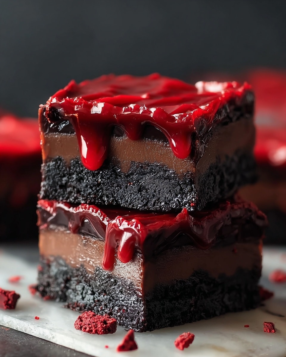 The image shows a stack of three rich, dark chocolate brownies on a dark surface with red crumbs scattered around. Each brownie has two visible layers: a dense, smooth blackish-brown base topped with a glossy, thick red layer that has a slightly uneven texture and sharp edges. The top red layer looks shiny and slightly cracked in places, adding texture. The brownies are cut into squares and stacked unevenly, giving a close-up view of the layers and textures, with some red crumbs and a few dark drips on the surface nearby. photo taken with an iphone --ar 4:5 --v 7