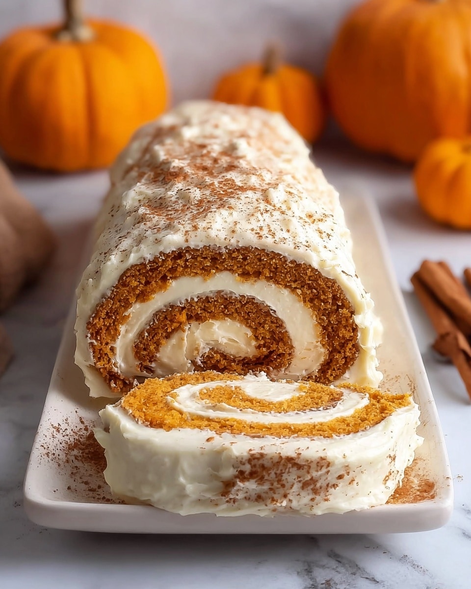 A rolled cake sits on a white rectangular plate on a white marbled surface, the cake showing a spiral of four layers: a light brown moist sponge layer tightly wrapped with a creamy white frosting layer inside, the outside covered in the same creamy white frosting with a smooth texture, and topped off with a dusting of cinnamon powder giving a warm brown shade. A slice is cut from the roll, revealing the distinct spiral layers and crumbly texture of the cake. There are blurred orange pumpkins and cinnamon sticks in the background, adding a cozy autumn feel. Photo taken with an iphone --ar 4:5 --v 7