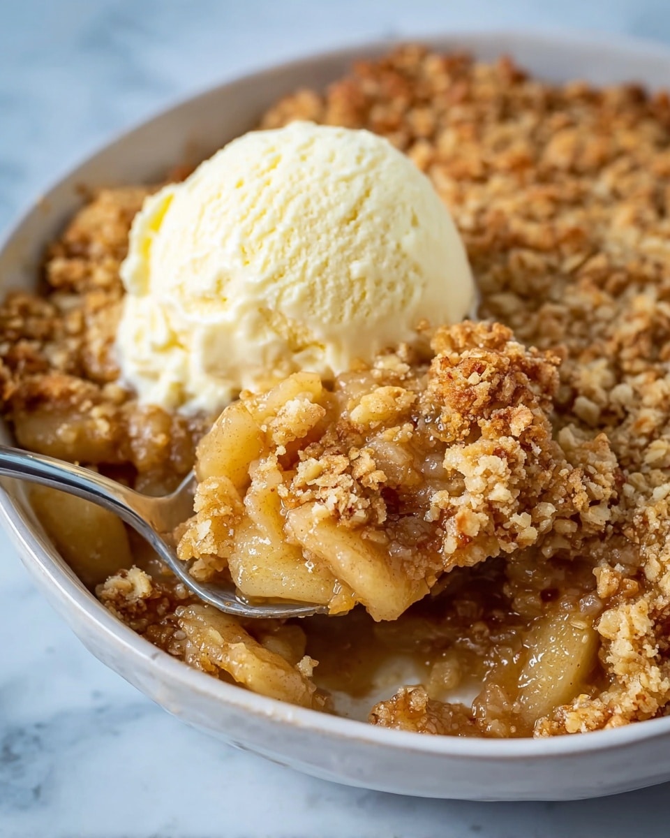 A close-up view of a white bowl filled with apple crumble, showing three main layers: the bottom layer with soft, cooked apple slices in a syrupy, light brown sauce; the middle layer of coarse, golden-brown crumble with oat pieces, giving a rough texture; and a scoop of creamy, off-white vanilla ice cream placed on top near the edge. A spoon holding a portion of the apple crumble with apples and crumble is visible in the bowl. The bowl sits on a white marbled surface. photo taken with an iphone --ar 4:5 --v 7