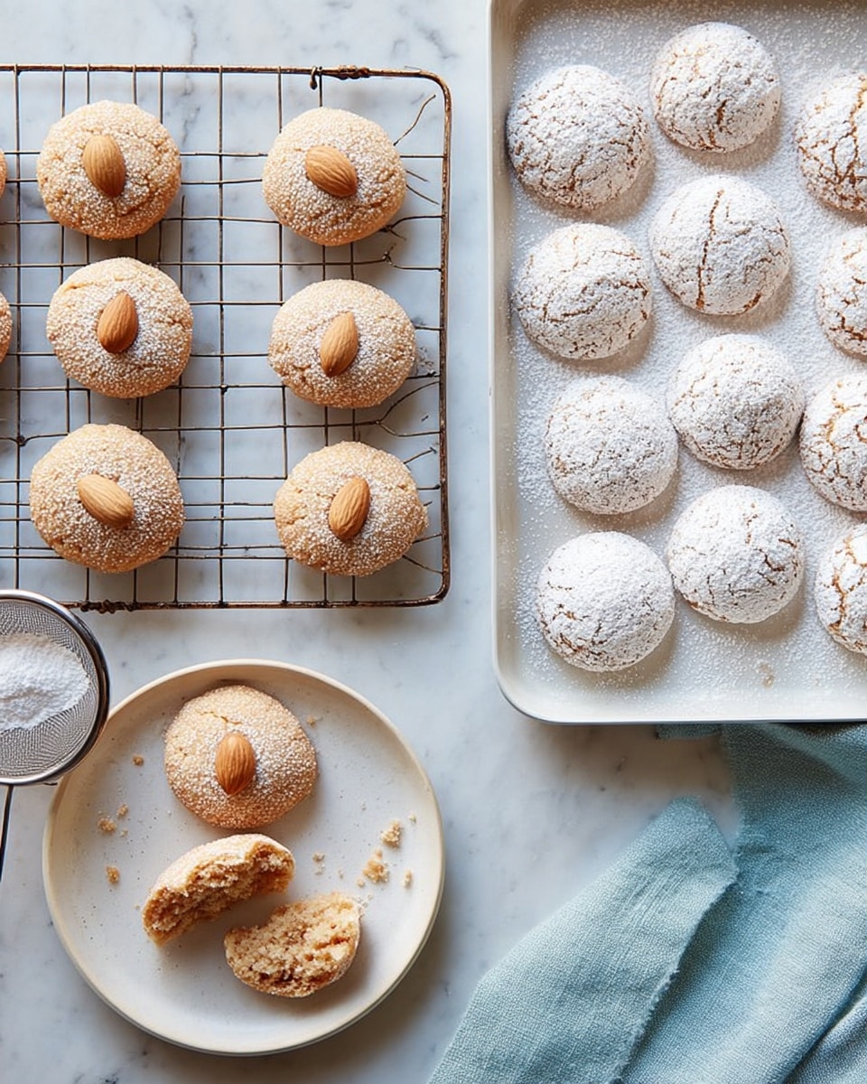 The image shows two types of cookies on a white marbled surface. On the left, there are ten round golden-brown cookies arranged on a metal cooling rack; each cookie is topped with a whole almond in the center and has a slightly rough texture. On the right, there is a white plate holding a dozen round, powdered sugar-coated cookies with cracks on their tops, giving a soft and powdery look. Below that plate, there is a smaller white plate with three powdered cookies, one broken in half showing a light brown inside, and one golden cookie with an almond, half-eaten. A small metal sieve with powdered sugar rests partly on the larger plate and a soft green cloth is casually placed beneath it. The overall setting is bright with a calm and simple feel. photo taken with an iphone --ar 4:5 --v 7