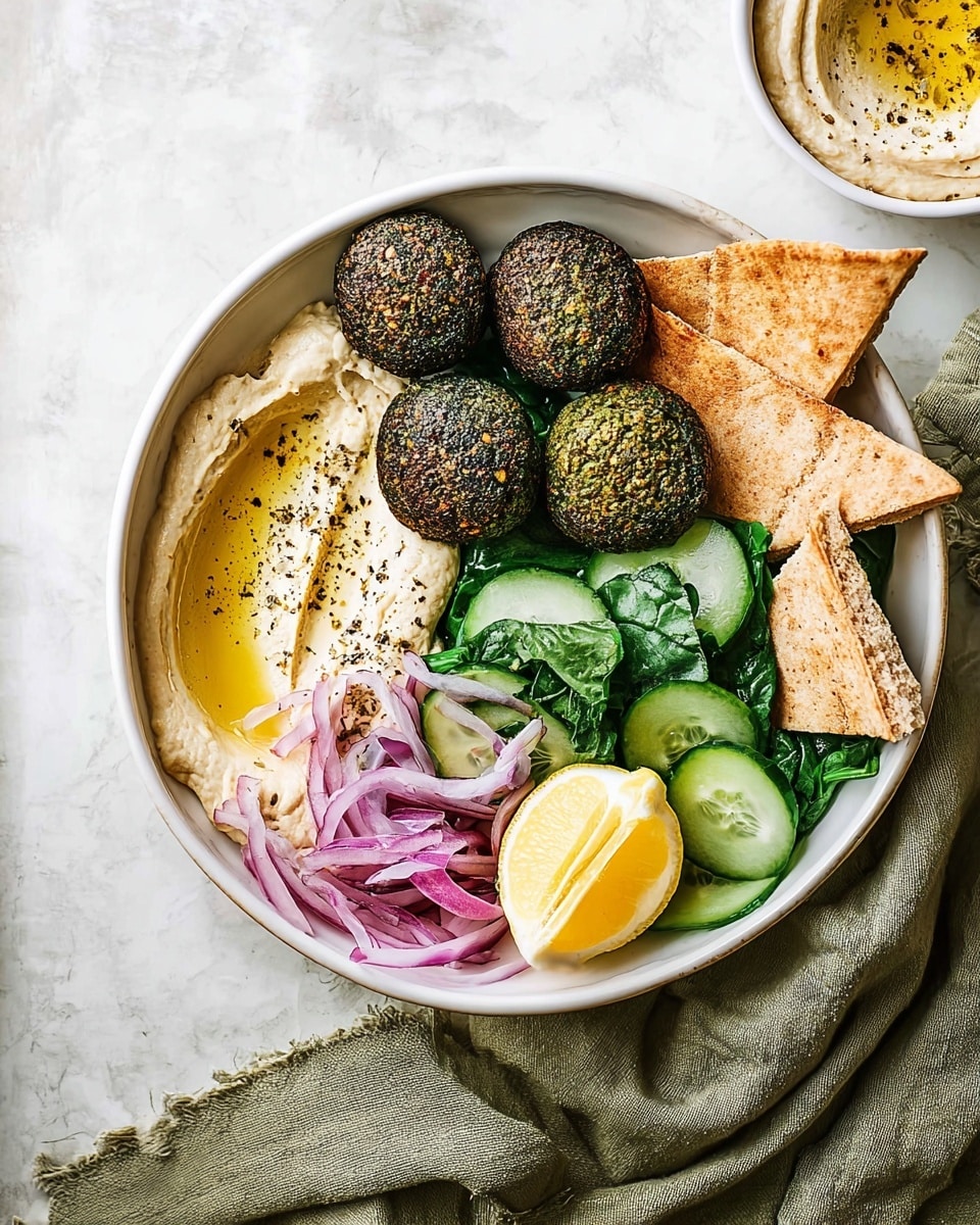 A white bowl on a white marbled surface holds a colorful falafel plate with five round, dark green falafel patties clustered near the top left. Below them is a smooth, light beige hummus spread with a drizzle of golden olive oil and specks of black pepper on the left side. To the right of the falafel are three triangular pieces of toasted pita bread, light brown with a crisp texture. Beside the bread is a small mound of thinly sliced, purple and white red onions. Next to the onions is a pile of fresh, dark green spinach leaves mixed with bright green cucumber slices, some oval and some slightly curved. A halved lemon with pale yellow flesh is placed near the bottom right edge of the bowl. In the background, there is a small white bowl with more hummus, and a woman’s hand is partly visible near the top edge. The bowl rests on a draped olive green cloth beside a white cloth on the white marbled surface. photo taken with an iphone --ar 4:5 --v 7