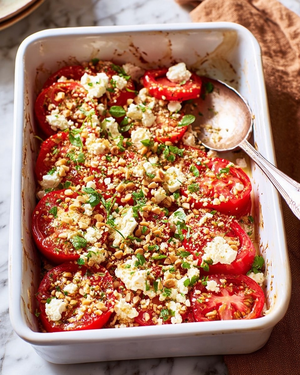 The image shows a white baking dish filled with a colorful layered dish. The bottom layer is made up of halved tomatoes, topped with crumbled white cheese pieces and sprinkled with chopped nuts and herbs. The cheese looks soft and slightly melted, while the nuts add a crunchy texture. The herbs are green and fresh, scattered evenly over the top. The dish sits on a white marbled surface with a brown cloth to the side, and a silver spoon rests inside the dish, ready for serving. photo taken with an iphone --ar 4:5 --v 7