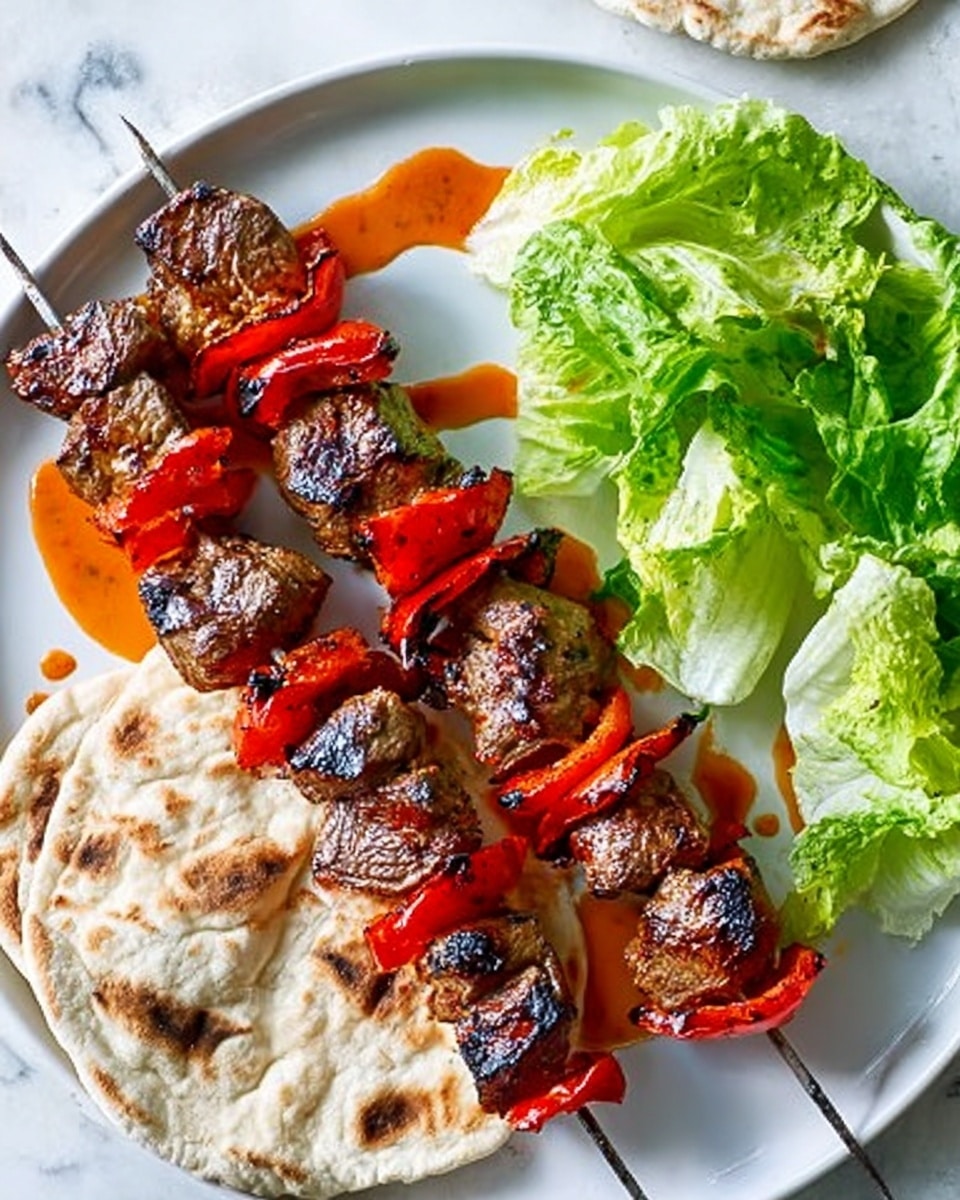 A white round plate holds four skewers of grilled meat and red bell pepper pieces, each skewer arranged in a row with juicy, slightly charred meat alternating with bright red pepper chunks. On the right side of the plate, there are several fresh green lettuce leaves neatly placed, adding a crisp contrast. Around the plate, there are pieces of round flatbread with light golden spots, placed on a white marbled surface. The sauce, a light red-orange in color, is lightly drizzled on the plate and some meat pieces, adding a glossy texture to the dish. Photo taken with an iphone --ar 4:5 --v 7