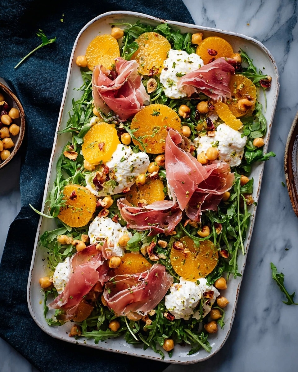 A white rectangular plate filled with a colorful salad, starting with a base layer of green leafy arugula spread evenly across. On top, there are bright orange circular slices of orange fruit scattered throughout. Creamy white cheese dollops with a soft texture are placed around the plate. Thin pink slices of prosciutto are loosely folded and draped over the salad in several spots. Small round beige chickpeas and a sprinkling of reddish-brown hazelnuts add more texture and color. A few green herbs are sprinkled lightly for garnish. The plate is set on a white marbled surface with a dark cloth partially visible beneath it. Photo taken with an iphone --ar 4:5 --v 7