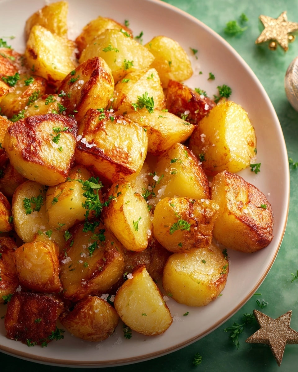 A white plate holds a generous pile of golden roasted potato chunks, each piece showing a slightly crisp and shiny surface with a mix of light golden and deeper brown edges. The potato pieces are unevenly cut into thick, irregular shapes, giving them a rustic look. Small bits of green herbs are sprinkled evenly across the potatoes, adding bright green contrast and a fresh touch. Large grains of salt are visible on the potatoes, enhancing their texture and making them look appetizing. The background is a white marbled texture with two brass star-shaped decorations placed near the plate. photo taken with an iphone --ar 4:5 --v 7