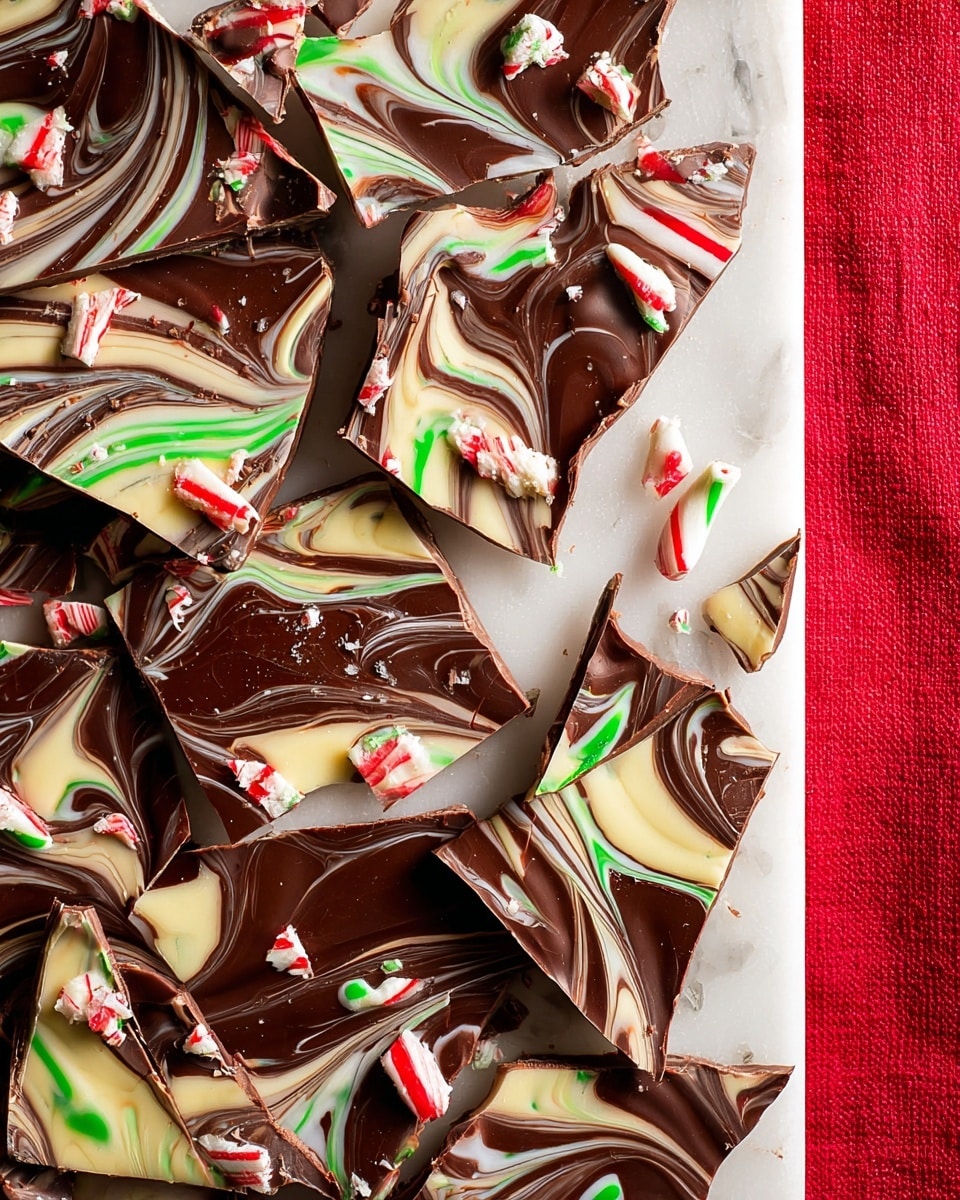 This image shows several irregular pieces of peppermint bark layered with swirls of dark brown chocolate and white chocolate on top, creating a marbled effect. Each piece has colorful red, white, and green peppermint candy pieces on and around it. The chocolate has a smooth, glossy texture with some broken edges. The bark pieces lie on a white tray, placed on a white marbled surface, with a bright red cloth with a fine stripe pattern visible on the right side. photo taken with an iphone --ar 4:5 --v 7