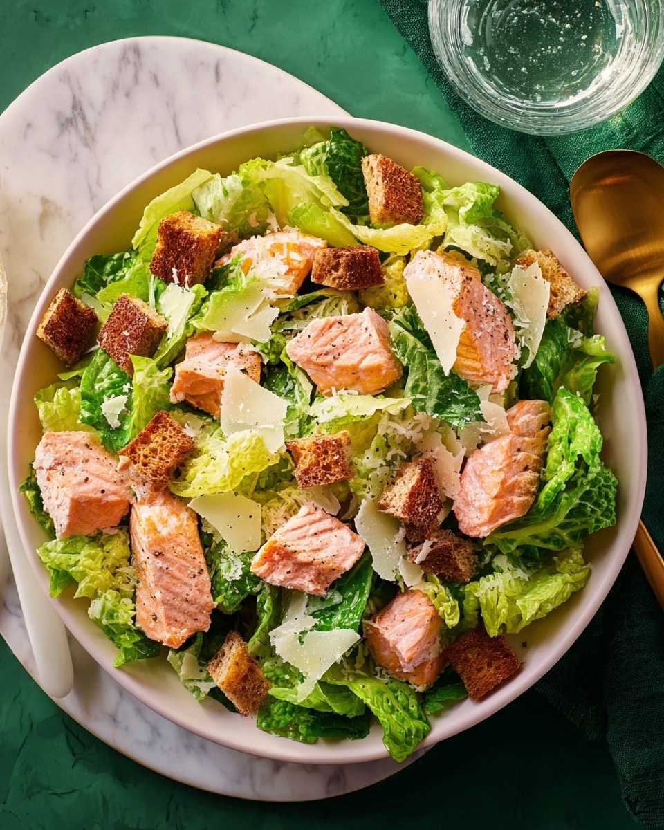 A fresh salad served in a white bowl filled with green lettuce leaves broken into pieces as the base layer. Scattered on top are small to medium chunks of cooked pink salmon with a light seasoning of black pepper. Dark brown croutons add texture, spread evenly across the salad. Thin, pale yellow slices of shaved cheese layer lightly over the salad, creating a mix of colors and textures with the greens, salmon, and croutons. The bowl rests on a white marbled surface with a glass of water nearby, all captured in natural light. Photo taken with an iphone --ar 4:5 --v 7
