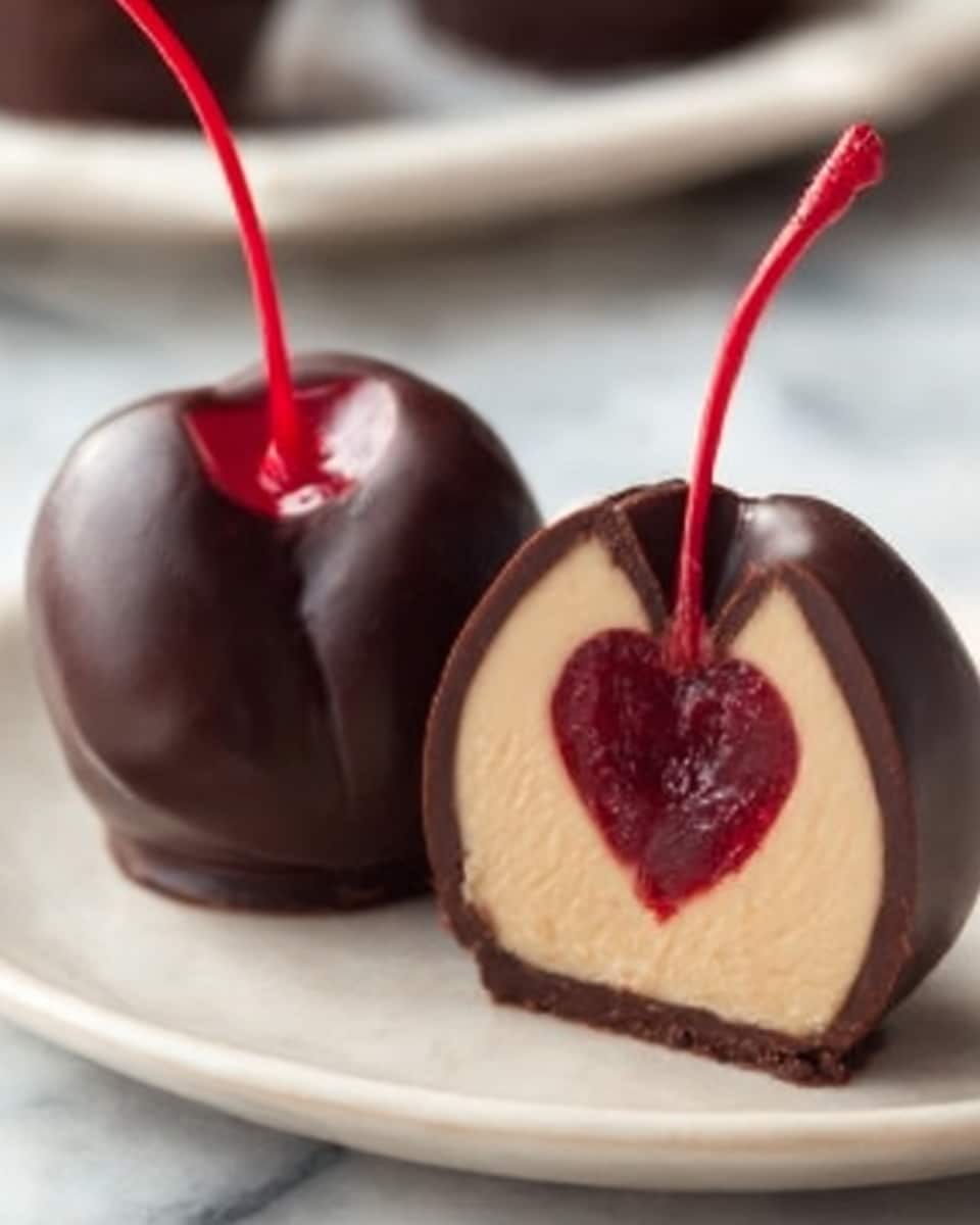 The image shows chocolate-covered cherry candies placed on a white plate. One candy is whole with a bright red cherry and its stem visible through the smooth, shiny dark chocolate coating. Another candy is cut in half, displaying three layers: the outer dark chocolate shell, a thick creamy beige layer inside, and a vivid red cherry center. The textures vary from the glossy chocolate outside to the soft, creamy filling and the juicy fruit inside. The plate is on a white marbled surface. photo taken with an iphone --ar 4:5 --v 7
