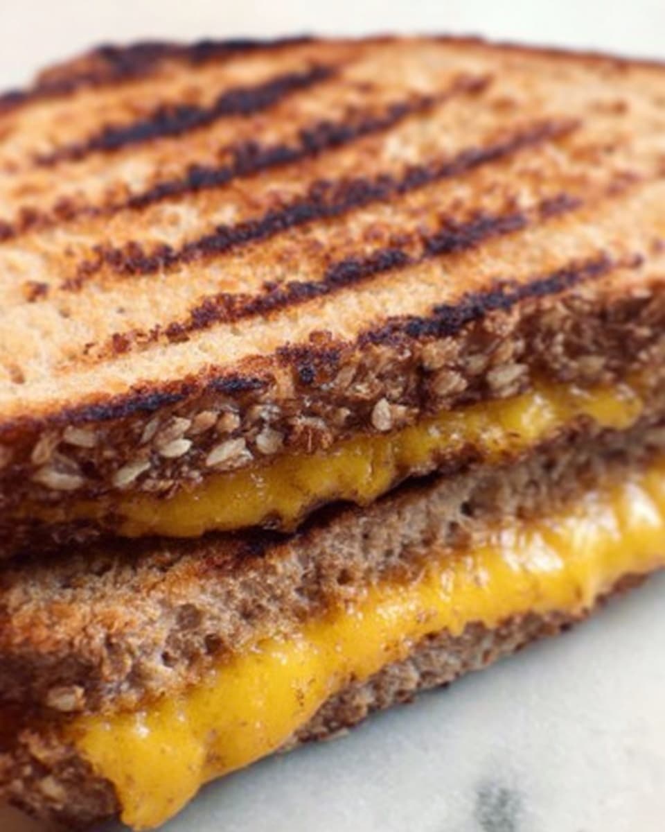 The image shows a close-up of a toasted sandwich cut in half, with one half slightly on top of the other. The sandwich bread is wheat with a toasted golden-brown crust, showing dark grill marks and a crispy texture. Inside, the melted cheese is bright yellow and gooey, slightly oozing out from between the bread slices, which are thick and rough in texture. The sandwich rests on a white plate placed on a white marbled surface, and a woman's hand is partially visible holding the plate. Photo taken with an iphone --ar 4:5 --v 7