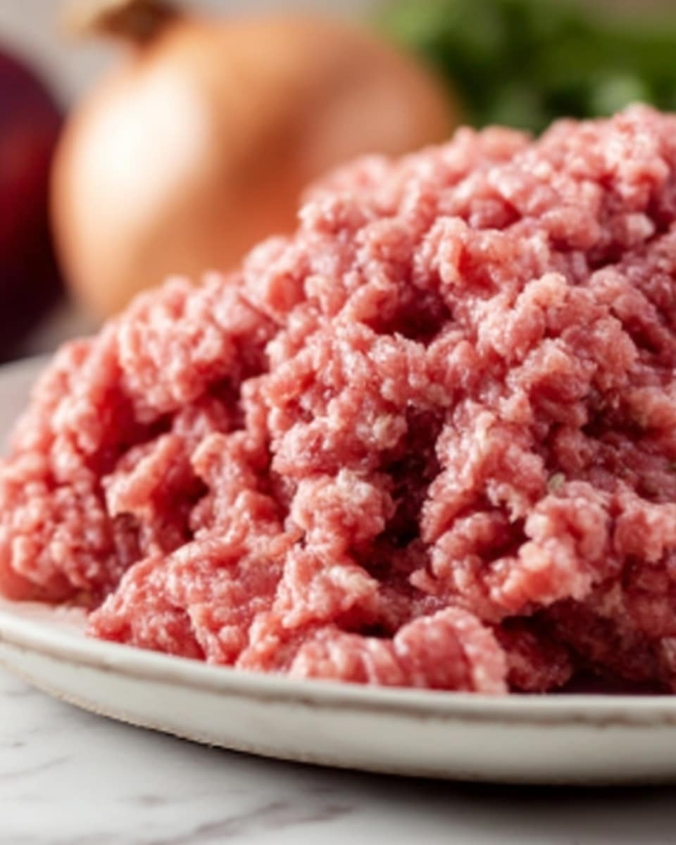 A close-up image of a large mound of raw ground beef with a bright red and pink color showing the coarse texture of the minced meat. It is placed on a simple white plate that is mostly filled by the meat. The background is softly blurred with warm tones, sitting on a white marbled surface. Photo taken with an iphone --ar 4:5 --v 7