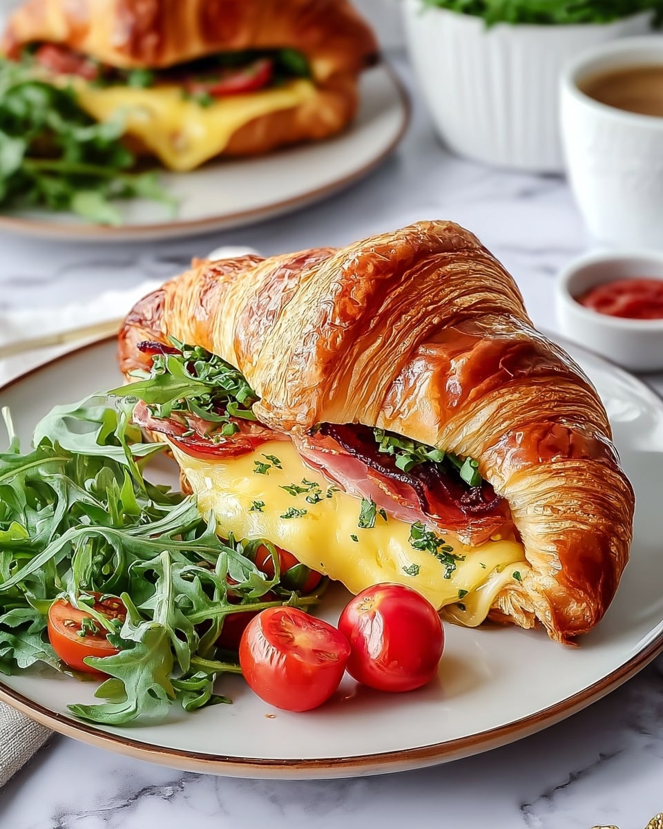 A white plate holds a croissant sandwich cut into two halves, each showing a golden, flaky croissant top layer with visible crisp lines and shine. Inside the croissant, the first layer is bright red tomato slices, followed by a pale yellow melted cheese layer with tiny black pepper specks, then some green leafy herbs and arugula. Around the sandwich on the plate are loose arugula leaves and several small, bright red cherry tomatoes. In the background, there are blurred white bowls with small ingredients and a white bowl with more cherry tomatoes and greens, all set on a white marbled surface. photo taken with an iphone --ar 4:5 --v 7