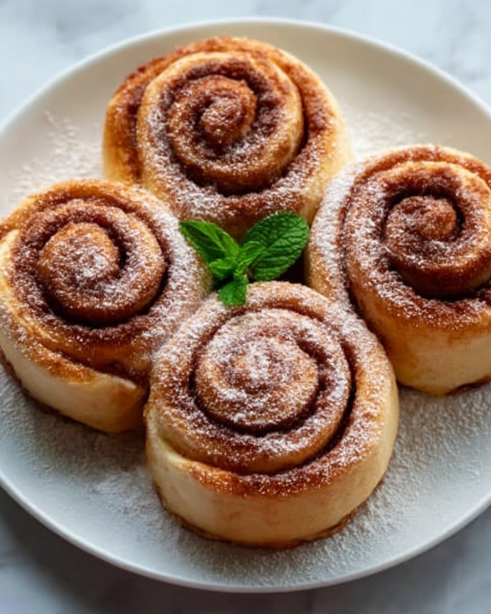 The image shows five cinnamon rolls arranged closely on a white plate. Each roll has a light golden-brown dough base with visible swirls of dark brown cinnamon sugar filling. The tops of the rolls have a slightly shiny texture, dusted with powdered sugar, and a small green mint leaf is placed in the center as decoration. The plate sits on a white marbled textured surface. Photo taken with an iphone --ar 4:5 --v 7