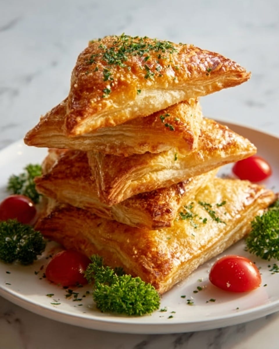 A white plate holds a stack of three golden brown puff pastry triangles, each layer slightly smaller than the one below, creating a pyramid shape. The pastry is flaky with visible crisp edges and a shiny, buttery surface sprinkled with small green parsley bits. Around the base of the stack, fresh curly parsley and two small red cherry tomatoes add color contrast against the white plate and white marbled background. The lighting highlights the texture and warm tones of the pastry. Photo taken with an iphone --ar 4:5 --v 7