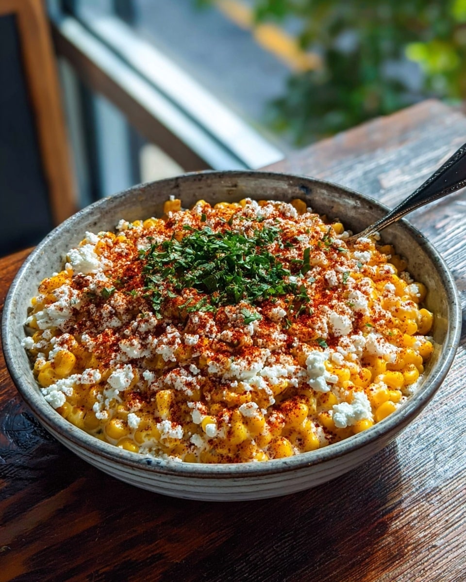 A close-up view of a bowl filled with three layers: the bottom layer is bright yellow corn kernels with a glossy texture, the middle layer has small white cheese crumbles scattered unevenly, and the top layer is sprinkled with dark red chili powder and fresh chopped green herbs, all in a white bowl with speckled grey edges, placed on a dark wooden surface with a blurred background showing a chair and window. photo taken with an iphone --ar 4:5 --v 7
