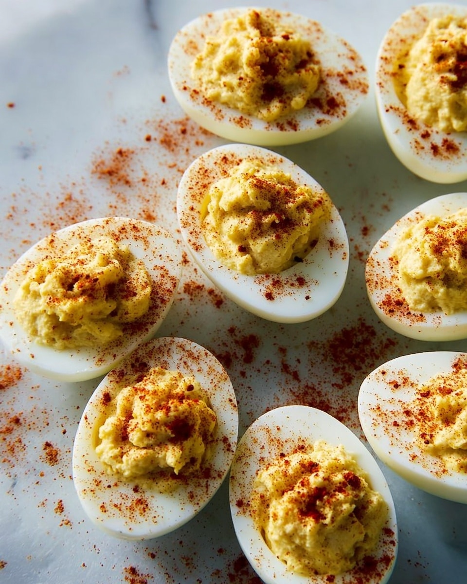 The image shows several halved boiled eggs arranged closely on a white marbled surface. Each egg has a smooth white egg white base holding a creamy, light yellow yolk filling that is slightly textured and mounded. The filling is topped with a light sprinkling of reddish-orange paprika powder, which is also scattered around the eggs on the surface. The eggs are evenly lit, showing a soft shadow below each one. photo taken with an iphone --ar 4:5 --v 7