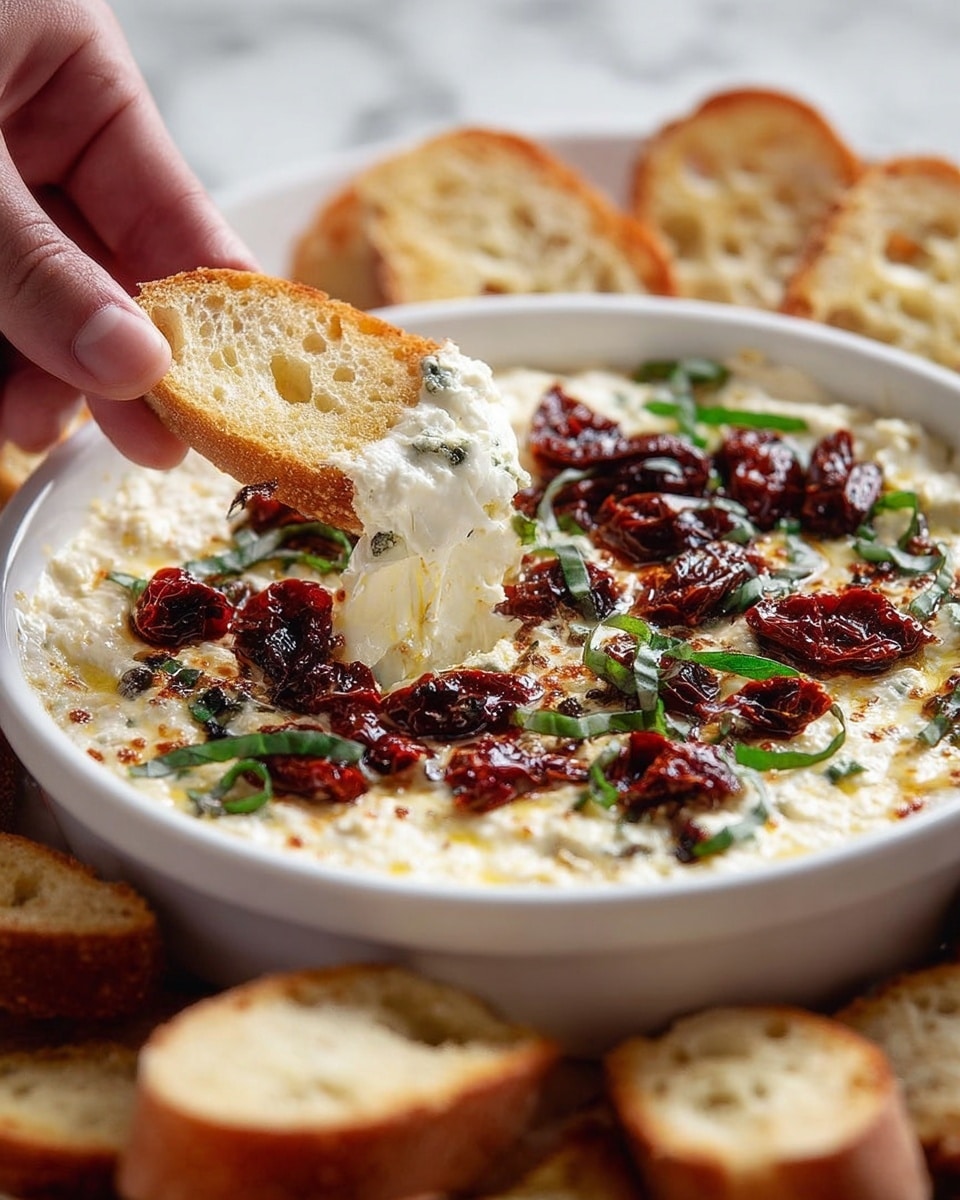 A white round dish filled with a creamy, white cheese dip that has a slightly browned and bubbly surface. On top, there are dark red sun-dried tomato pieces scattered along with thin, bright green strips of fresh herbs. Around the dish, slices of toasted bread with a golden brown crust and airy texture are placed. A woman's hand is holding one piece of toasted bread dipping into the creamy cheese layer, which clings thickly to the bread. The background features a white marbled texture. photo taken with an iphone --ar 4:5 --v 7