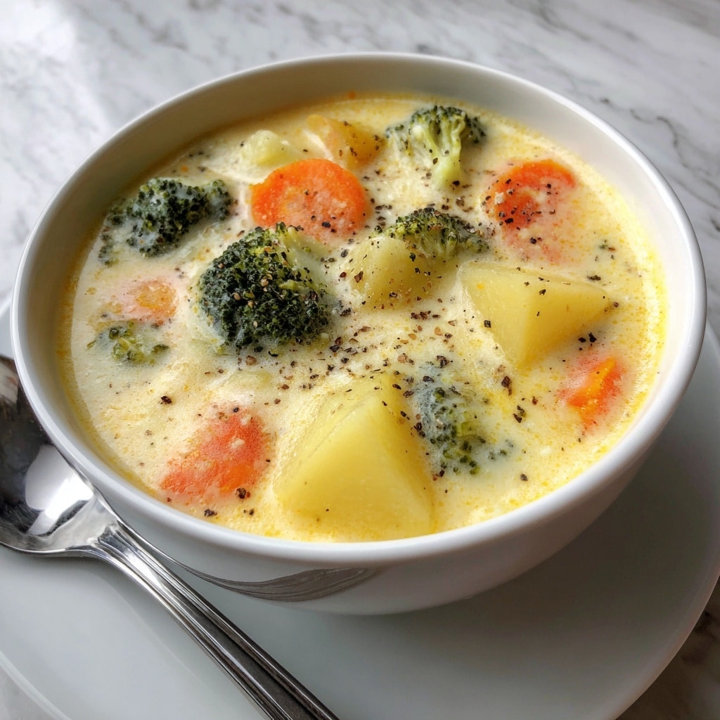 A close-up view of a white bowl filled with creamy potato soup, showing at least three layers: a thick, smooth, pale yellow base with small potato chunks, topped with vibrant orange carrot pieces and green broccoli florets, all sprinkled with black pepper. The bowl sits on a white marbled surface, next to a silver spoon. The soup looks rich and warm, with a soft texture that invites tasting. photo taken with an iphone --ar 4:5 --v 7