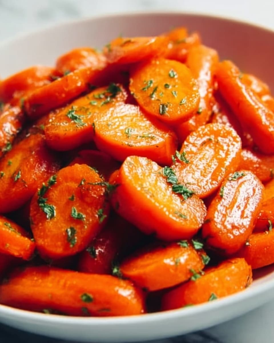 The image shows a close-up of cooked baby carrots and carrot slices, all glazed with a shiny, slightly sticky sauce giving them a rich orange color. The carrots are arranged in a pile, each piece showing a smooth texture with some softness from cooking. Small green herb bits, likely parsley, are scattered evenly over the top, adding a touch of fresh color. The background features a white marbled surface, enhancing the bright orange of the carrots. The photo taken with an iphone --ar 4:5 --v 7