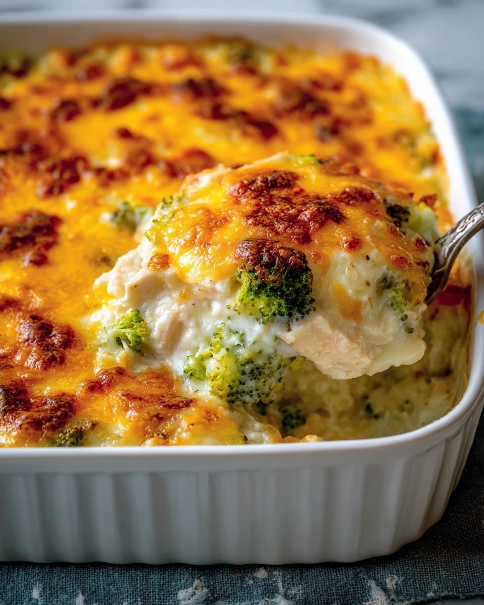 A white rectangular dish filled with a thick, cheesy casserole that has three main layers; the bottom layer is creamy white mashed potatoes mixed with green broccoli pieces, the middle layer contains white chunks of chicken, and the top layer is a bubbly, melted golden-yellow cheese with browned crispy spots scattered across the surface. A silver serving spoon is lifting a square portion revealing these layers clearly, set on a white marbled textured background. photo taken with an iphone --ar 4:5 --v 7