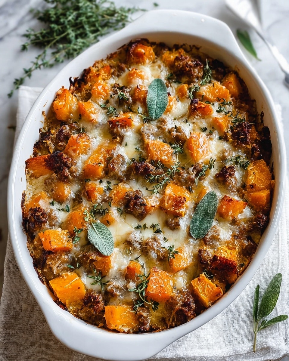 The image shows a white oval casserole dish filled with a baked dish that has multiple layers. The bottom layer consists of bright orange roasted butternut squash cubes, topped with a layer of browned, crumbled sausage mixed with herbs. Above this is a melted, slightly browned layer of cheese that blends into the sausage and squash. On top are fresh green sage leaves that add a pop of color and texture contrast. The casserole dish rests on a white textured cloth, with sprigs of fresh herbs beside it, all set on a white marbled surface. photo taken with an iphone --ar 4:5 --v 7