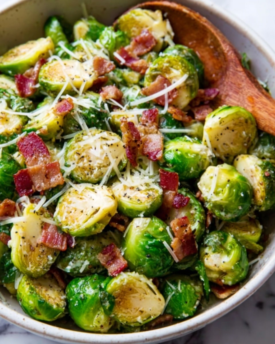 A close-up view of a bowl filled with cooked Brussels sprouts cut in halves, showing their bright green and slightly charred outer leaves. Scattered throughout are small pieces of crispy bacon, adding a reddish-brown contrast. The dish is topped with grated white cheese that lightly coats the sprouts and bacon bits, with a generous sprinkle of black pepper on top. The bowl rests on a white marbled surface. photo taken with an iphone --ar 4:5 --v 7