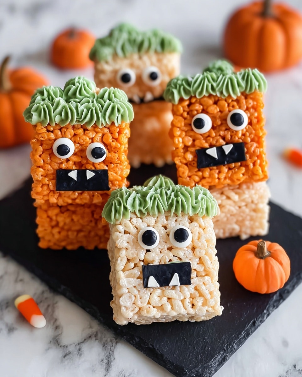 Four square treats on wooden sticks look like cute pumpkins. Each treat has two layers: a white bottom layer with puffed grain texture, and an orange top layer with a tight, crunchy rice crispy texture. The top edge of each treat is decorated with wavy green icing made to look like pumpkin stems. Black icing is used on the orange layer to make smiling faces with oval eyes and small mouths. The treats are placed on a dark slate board, with some small pumpkin decorations around, all set on a white marbled surface. photo taken with an iphone --ar 4:5 --v 7
