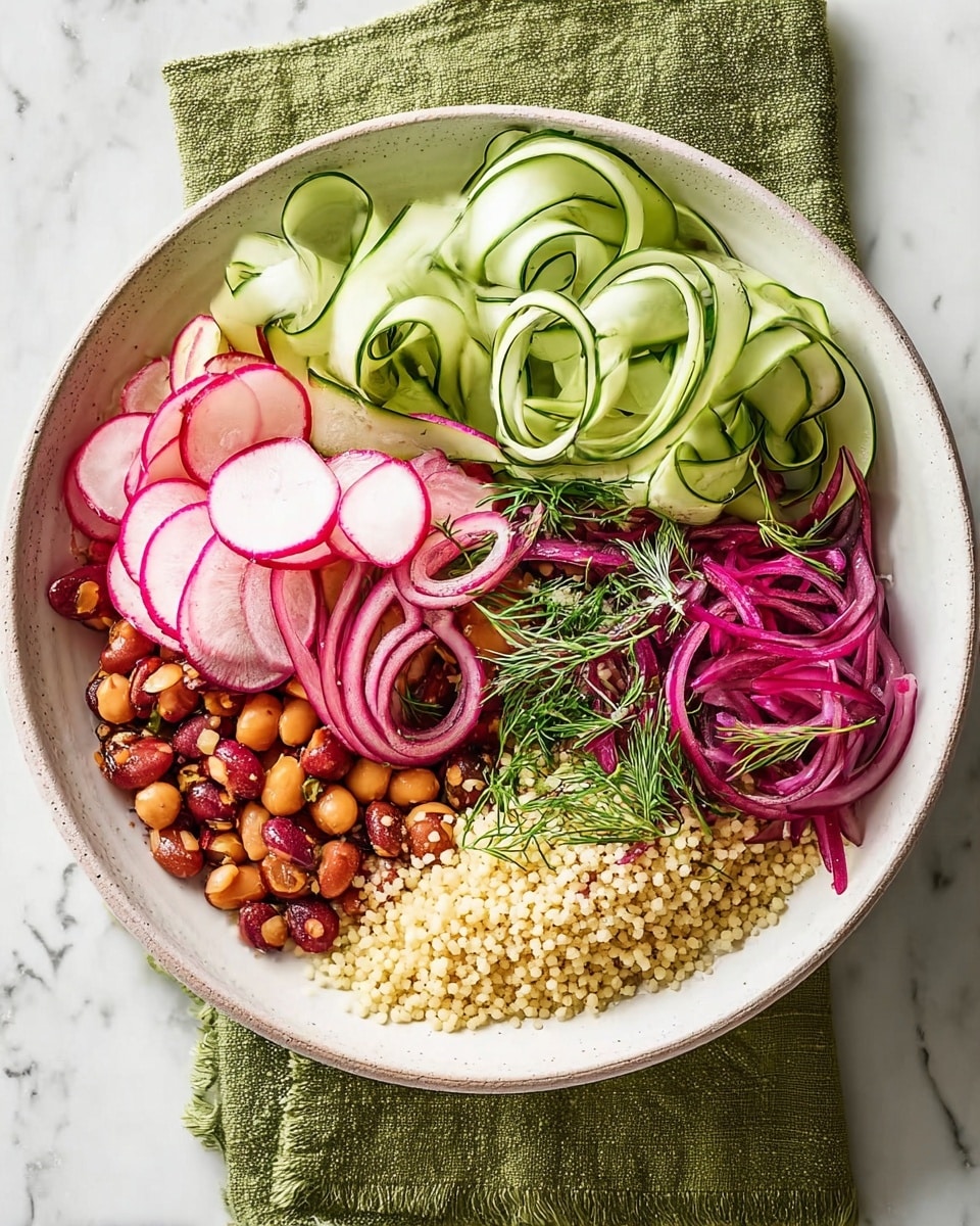 A white bowl with six colorful layers arranged neatly: starting from the top left, thin light green cucumber ribbons with dark green edges, next to bright deep purple sliced onions mixed with fresh green dill; below that, a pile of pale yellow couscous grains with small green dill sprigs on top; to the left a mix of small brown and red kidney beans with seasoning; above that, white radish slices with purple edges and scattered black pepper; finally, pale white radish rounds with light purple rims. The bowl sits on a dark green cloth over a white marbled surface. Photo taken with an iphone --ar 4:5 --v 7