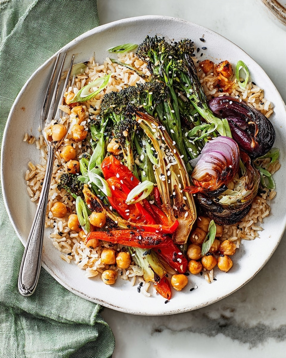 A white bowl sits on a white marbled surface, filled with three main layers. The bottom layer is light brown cooked rice spread evenly. Above that, there are orange chickpeas scattered throughout and lightly charred bright green broccolini stalks placed at the top and right edges. The top layer includes roasted red bell pepper strips, purple-red caramelized onion wedges, and pale green grilled bok choy pieces, sprinkled with white and black sesame seeds. Thinly sliced green onions and white onion curls are scattered on top near the center. A fork rests on the left side of the bowl on top of the food. A green cloth is partly visible to the left side. photo taken with an iphone --ar 4:5 --v 7