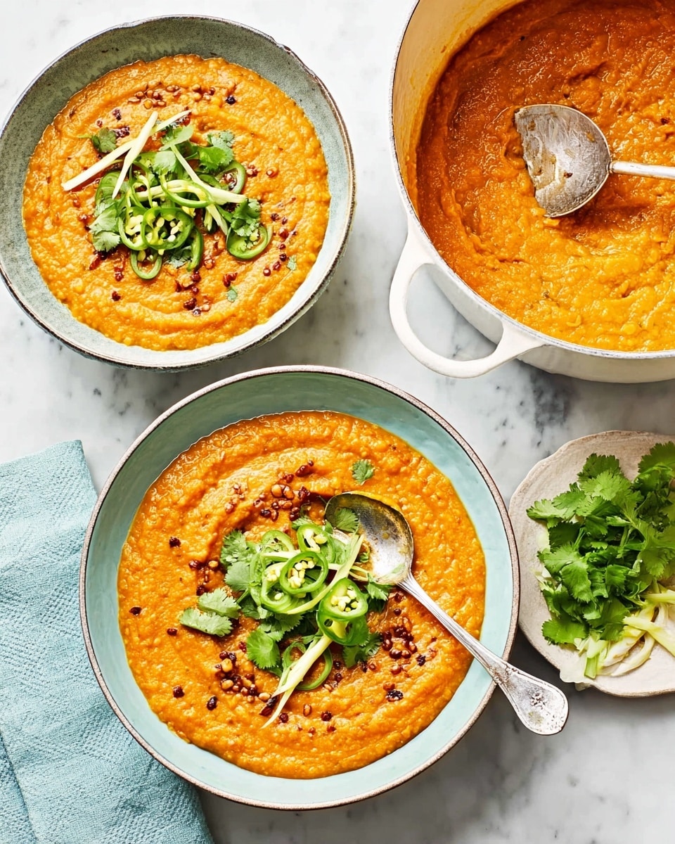 Two bowls of thick orange lentil dal sit on a white marbled surface, each bowl filled with a single layer of creamy dal that has a dense, slightly rough texture. The dal is decorated with green cilantro leaves, thin light yellow ginger strips, and sliced green chili rings placed in the center. Small dark brown cumin seeds are sprinkled across the dal’s surface, giving it a speckled appearance. A silver spoon is placed inside the lentil dal in the top bowl. To the right, there is a white pot filled with the same orange dal, partially visible with a metal ladle resting inside. Below the bowls is a small white plate holding fresh cilantro, sliced green chili, and matchstick ginger. The entire setup is on a white marbled surface with a light blue cloth near the pot. photo taken with an iphone --ar 4:5 --v 7