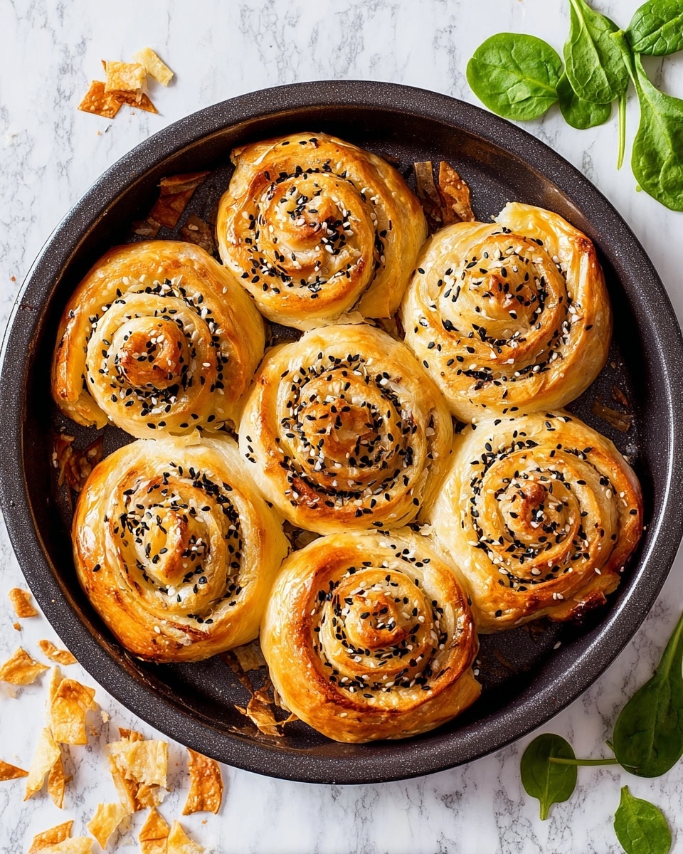 The image shows a round dark baking pan containing six spiral-shaped pastries arranged in a circle with one missing piece on the right side. Each pastry is golden brown with a flaky texture, topped with scattered small black seeds, likely nigella seeds. The spirals show thin layers of dough rolled tightly with small air pockets visible. The pan is placed on a white marbled surface with light brown and orange speckles, and a few fresh green spinach leaves are visible at the top right corner. Photo taken with an iphone --ar 4:5 --v 7
