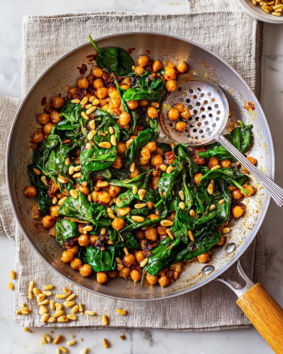 The image shows a silver pan filled with a cooked chickpea and spinach dish. The base layer consists of soft, golden chickpeas mixed with sautéed orange onion slices. On top of this, there are vibrant, fresh spinach leaves that look slightly wilted from cooking but still bright green. Scattered evenly across the dish are small, pale pine nuts adding a light cream color and different texture. The pan rests on a white marbled surface with a light gray checkered cloth beneath it, and a metal slotted spoon with a rectangular handle sits inside the pan. Photo taken with an iphone --ar 4:5 --v 7