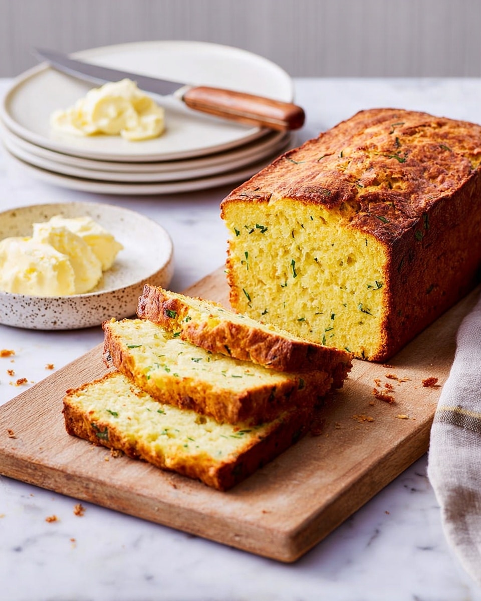 A golden-brown loaf with a slightly crispy crust sits on a light wooden board, its inside soft and yellow with small green flecks evenly spread throughout, showing it has one solid layer. Two thick slices lie next to the main loaf, displaying the smooth, moist texture inside. In the background, a white plate holds another slice with a knife behind it, all set on a white marbled surface. In the front left corner, a small white speckled plate with a chunk of butter adds a creamy element. Photo taken with an iphone --ar 4:5 --v 7