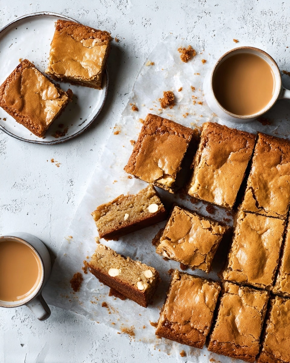 Several rectangular pieces of golden brown blondies with a slightly cracked, shiny surface are arranged on parchment paper over a white marbled texture surface. The interior of the blondies looks soft and studded with light nuts. To the left, on a white plate, two blondie pieces and some crumbs rest next to a small white jug filled with a light brown sauce. The look is warm and inviting, with a cozy, homemade feel. Photo taken with an iphone --ar 4:5 --v 7