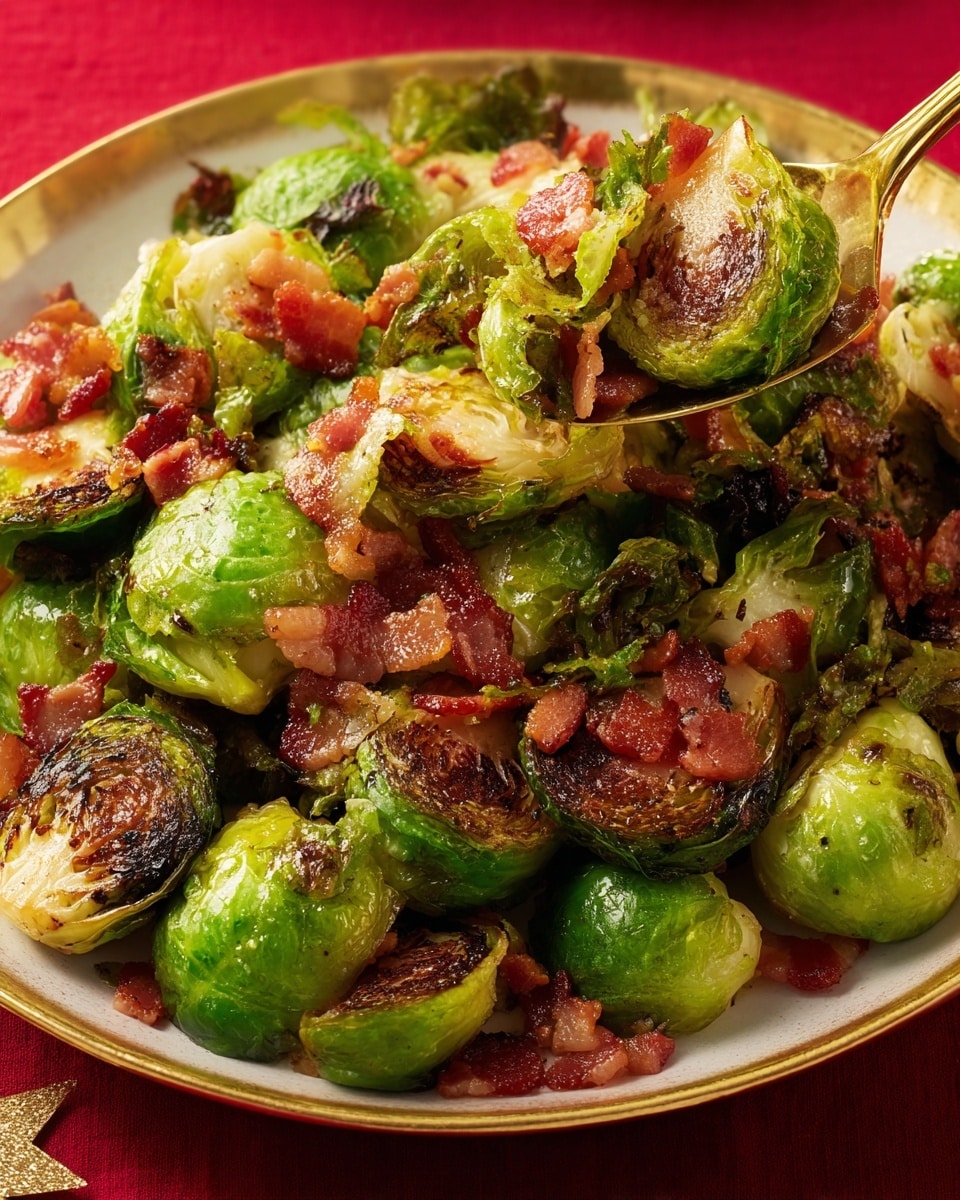 A white plate filled with about two layers of roasted Brussels sprouts and crispy bacon pieces mixed together; the Brussels sprouts have a glossy texture with browned, slightly charred edges, showing bright and dark green leaves in varying sizes, while the bacon strips are deep reddish-brown with a crunchy, uneven surface. A gold spoon is placed on the right side, slightly lifted above the food, appearing shiny and reflecting light. The plate sits on a background with a white marbled texture underneath. photo taken with an iphone --ar 4:5 --v 7