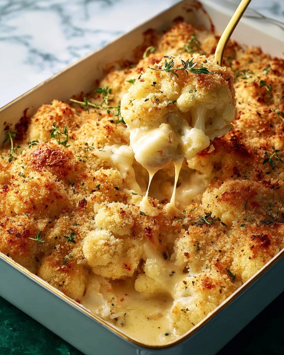 A close-up of a green baking dish filled with a baked cauliflower gratin. The dish has large white cauliflower florets covered with a golden, crumbly cheese topping that looks crispy and slightly browned in places. The florets sit on a creamy cheese sauce layer, visible where a golden spoon lifts one curd, showing melted cheese stretching slightly. Small green herb sprigs are scattered on top, adding color contrast. The baking dish rests on a white marbled textured surface. photo taken with an iphone --ar 4:5 --v 7