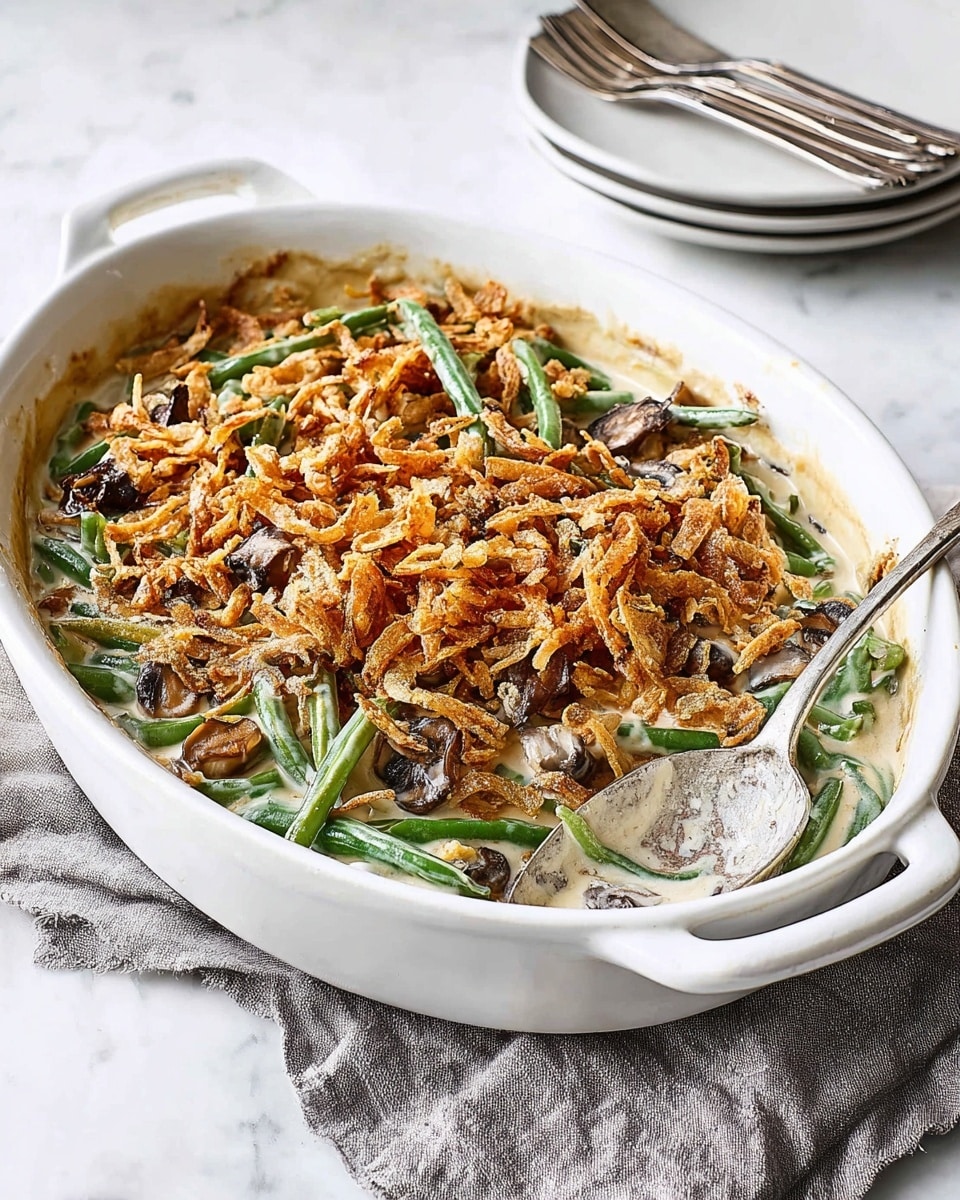 The image shows a round white ceramic baking dish filled with a green bean casserole sitting on a gray cloth on a white marbled surface. The casserole has three visible layers: the bottom layer is creamy white sauce mixed with visible green beans and some brown mushrooms; the middle layer has the tender green beans partially covered by the creamy sauce; and the top layer is a crispy, golden-brown fried onion topping spread unevenly over the vegetables. The casserole's sides have some baked-on sauce marks, and next to the dish lies a large, metal serving spoon with a worn gray handle. In the background, stacked white plates with silver forks wrapped in a gray napkin are partially visible. Photo taken with an iphone --ar 4:5 --v 7