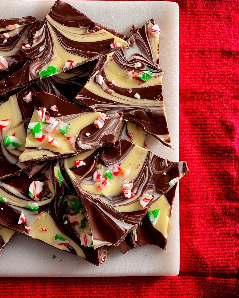 Broken pieces of chocolate bark are spread out on a white marbled surface; the bark has two visible layers swirled together with dark and white chocolate creating a marbled pattern. Small pieces of red, white, and green striped candy canes are scattered both whole and broken on top of the chocolate, adding bright pops of color. The chocolate pieces vary in size and shape, some triangular and some irregular, showing smooth and glossy textures with the candy canes providing a rough and crunchy contrast. Photo taken with an iphone --ar 4:5 --v 7
