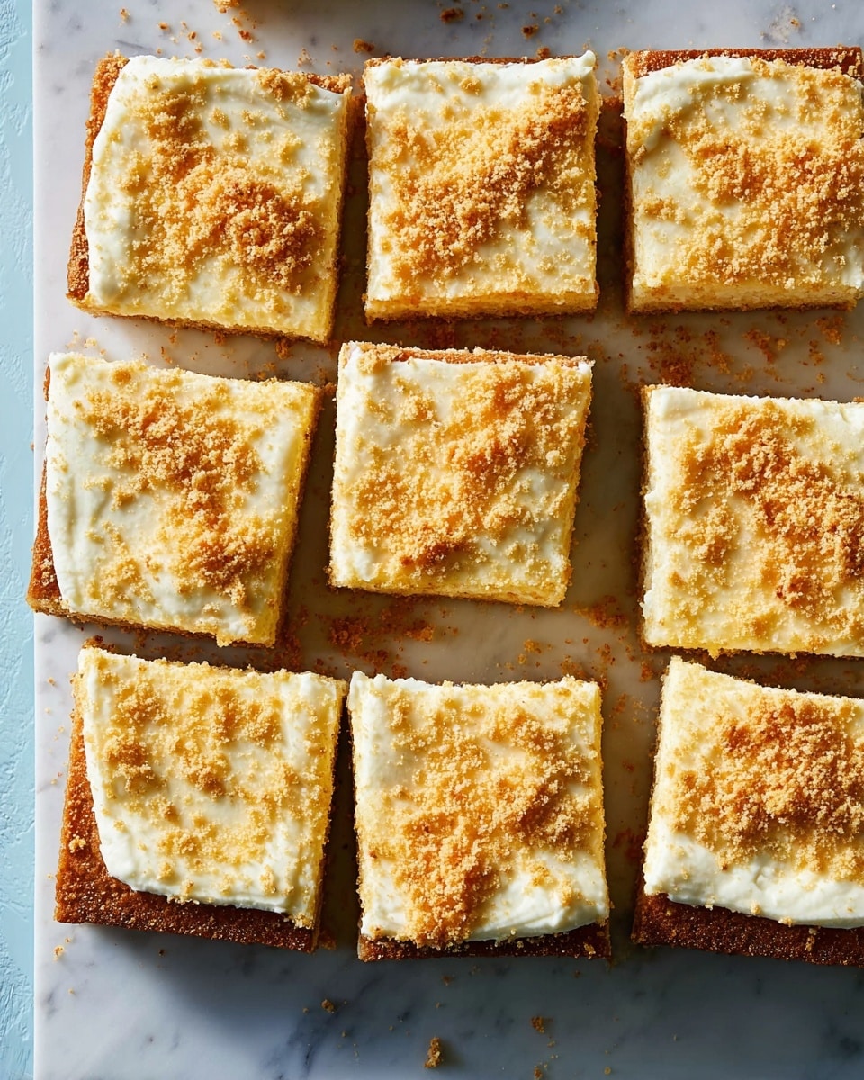A square cake cut into 12 equal pieces arranged in a 3x4 grid on a white marbled textured surface. Each piece has two layers: the bottom layer is a golden brown cake, firm and slightly crumbly, while the top layer is a thick, creamy white frosting spread evenly but with soft, wavy texture. A sprinkling of light golden crumbs is scattered over the frosting, adding a rough, textured contrast on the smooth creamy surface. The cake pieces are slightly separated but still close to each other, emphasizing their square shapes and the layered details. Photo taken with an iphone --ar 4:5 --v 7