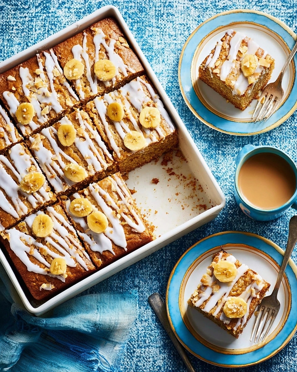 A rectangular baking tray holds a freshly cut banana cake divided into rectangular slices. The cake has one thick layer, light brown in color with a soft crumb texture. On top, white icing is drizzled in diagonal thin stripes, and banana chips are scattered all over, giving a crunchy look. Two individual slices are served on two separate white plates with blue rims, each accompanied by a silver fork. The plates rest on a blue woven fabric background. A small cup of coffee with light brown foam sits nearby. The photo is taken from above with an iphone --ar 4:5 --v 7