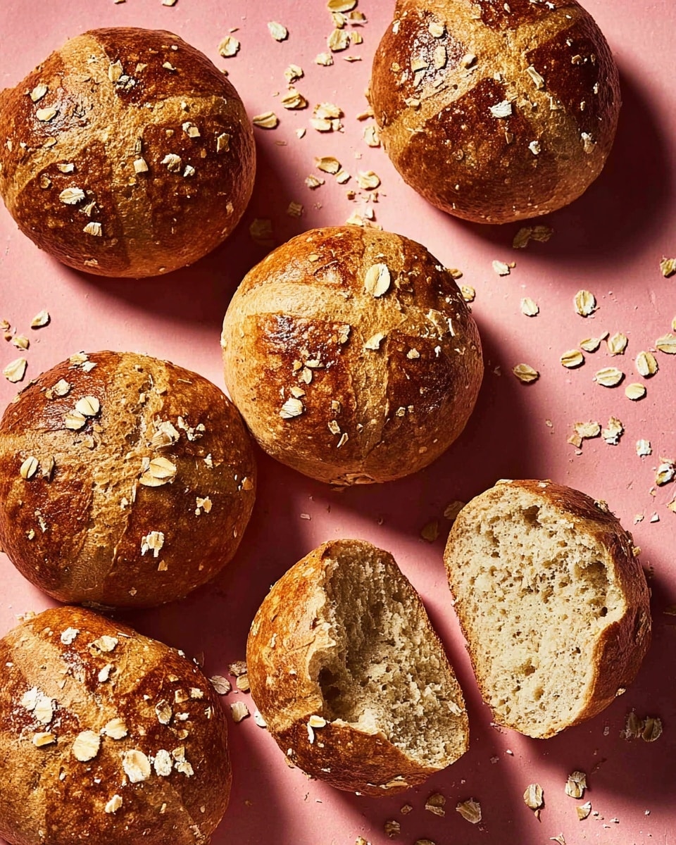 Six round bread rolls are placed on a pink surface together, five are whole and one is broken in half showing a soft, light beige inside with a crumbly texture. The rolls have a golden-brown crust with a slightly rough texture and are sprinkled with oats on top. Each roll has a cross cut on top, creating four sections. The surface around the rolls has scattered oats adding to the rustic look. photo taken with an iphone --ar 4:5 --v 7
