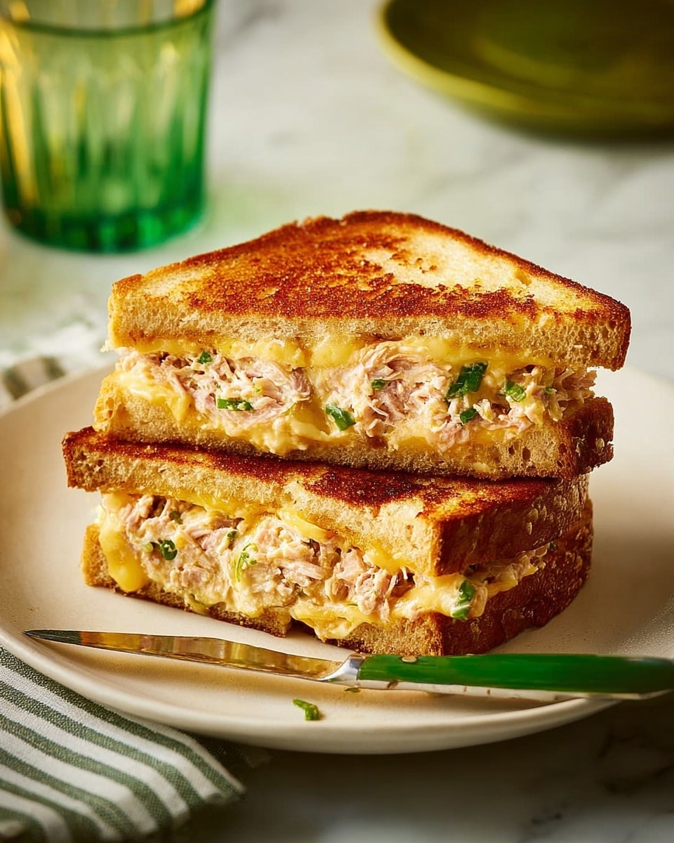 A grilled sandwich cut diagonally into two pieces stacked on a white plate, each sandwich half has two layers of toasted golden-brown bread with a crispy texture and visible holes; the middle layer is filled with a mix of shredded pink tuna, melted pale yellow cheese that is soft and stringy, and small bits of green herbs showing through. The plate rests on a white marbled surface; nearby is a knife with a green handle and a folded cloth napkin with light green and beige stripes, and a green glass tumbler in the blurred background. photo taken with an iphone --ar 4:5 --v 7