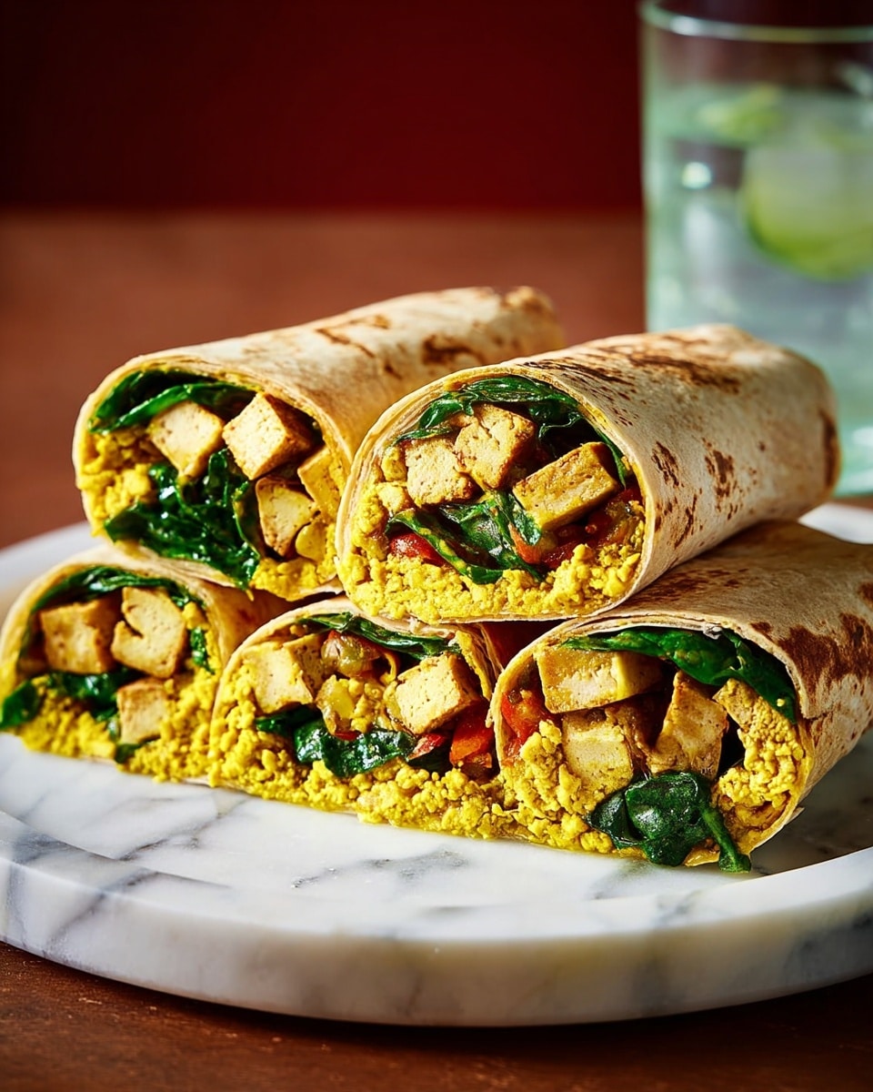 The image shows four halves of a toasted wrap stacked on a white marbled surface, placed on a green cutting board. Each wrap half reveals three main layers: a light brown toasted outer tortilla, a middle layer with bright yellow scrambled egg, and a layer of fresh dark green spinach leaves. Cubes of light brown tofu are tucked inside next to the spinach, adding texture, while a thin strip of red sauce is visible near the top edge of the filling. To the back left of the board, there is a clear glass with ice cubes and water. The overall look is warm and inviting with a focus on the folded wraps. photo taken with an iphone --ar 4:5 --v 7