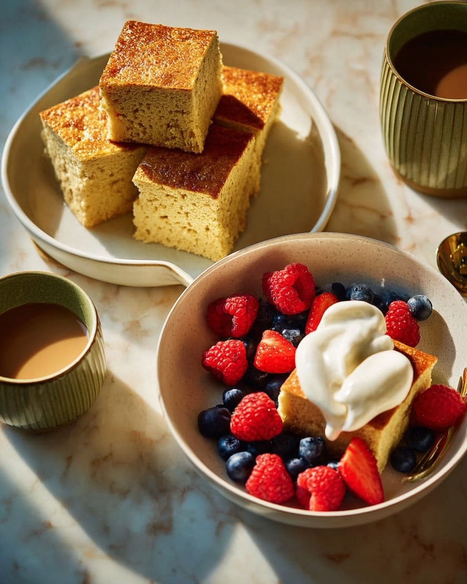 The image shows a white bowl filled with two golden brown cake pieces at the bottom, topped with a dollop of white cream. Around the cream and cakes are bright red raspberries and strawberries, along with small round blue blueberries, creating a colorful mix. To the right, there is a white bowl with several square pieces of the same golden cake stacked inside. Above and near the bowls are two light brown ceramic cups filled with a light orange drink, possibly tea or coffee. The whole setup is on a white marbled surface. photo taken with an iphone --ar 4:5 --v 7
