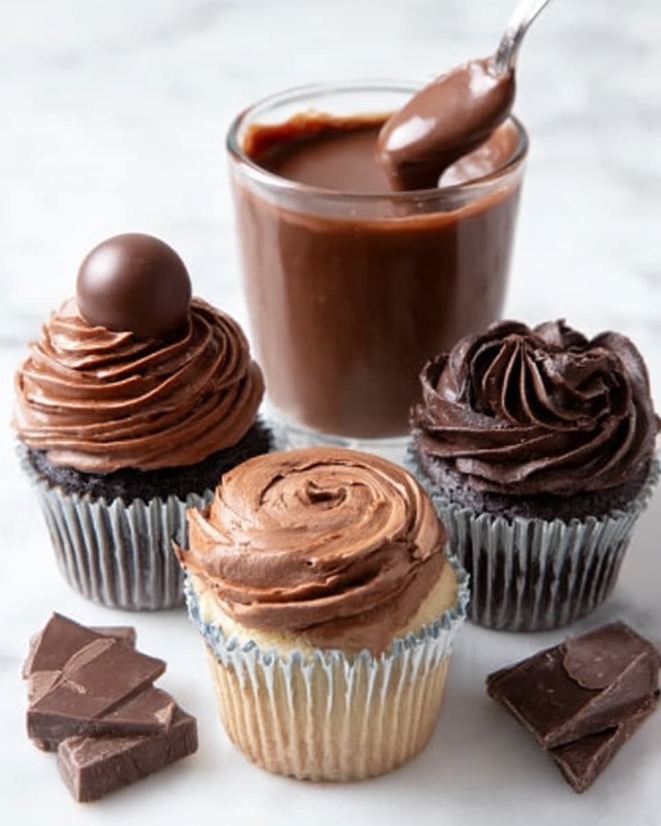 The image shows three chocolate cupcakes and a glass cup with chocolate drink on a white marbled surface. One cupcake has a thick swirl of dark, smooth chocolate frosting topped with a round chocolate piece, while another cupcake has a flat, glossy layer of chocolate spread covering the top, and the third cupcake features a circular rosette of rich chocolate frosting with defined ridges. Next to the cupcakes, there are a few blocks of dark chocolate stacked casually. The glass cup behind the cupcakes contains thick chocolate drink with a bit of swirl on the surface. photo taken with an iphone --ar 4:5 --v 7
