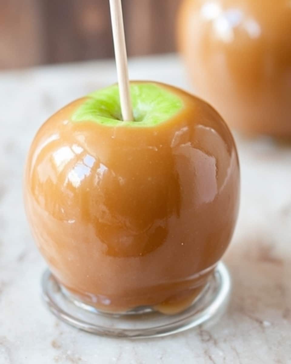 A shiny caramel-coated apple sits on a clear round base, with a white stick inserted in the top center poking through a small green leaf on the green apple beneath the caramel. The caramel layer is smooth and firm, covering the whole apple fully. The apple's green color is slightly visible at the top around the stick. The background is a white marbled texture with a blurred brown jar in the background. photo taken with an iphone --ar 4:5 --v 7