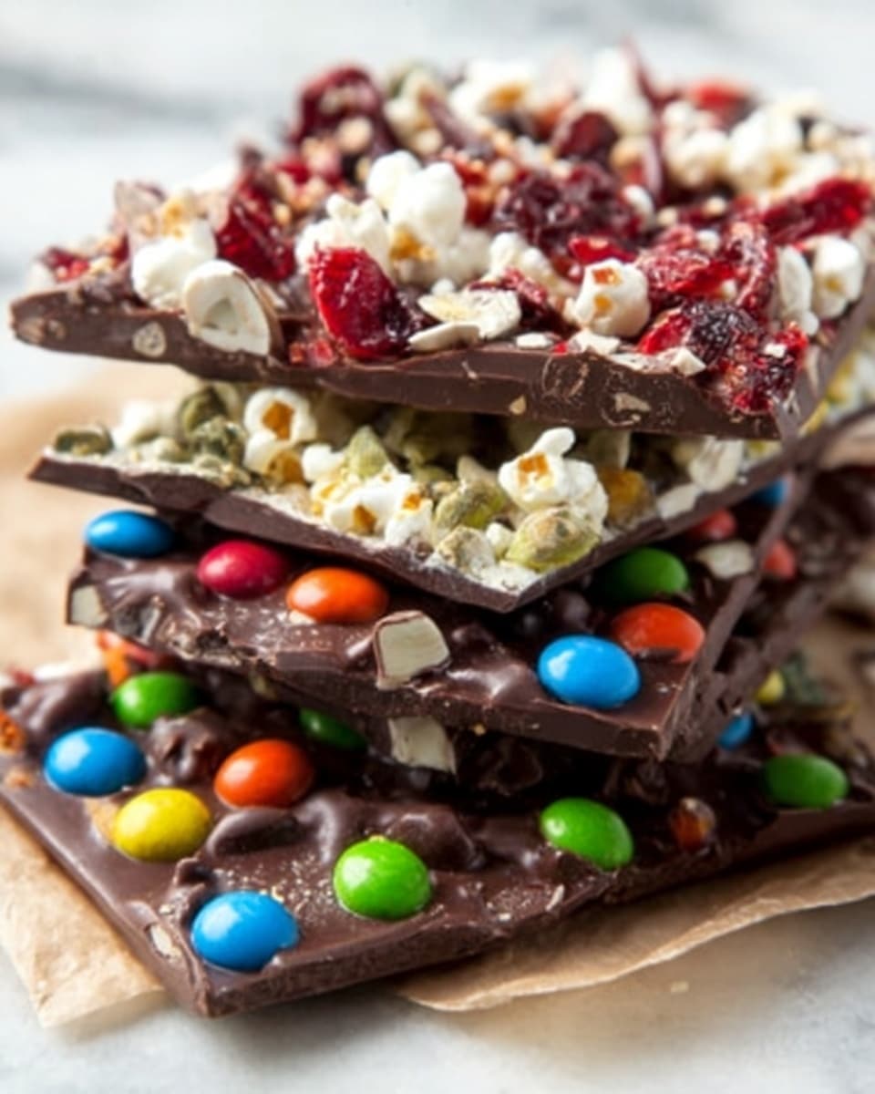 The image shows three layers of chocolate bark stacked unevenly on a white marbled surface, each layer broken into rough pieces. The bottom layer is dark chocolate covered with colorful round candy-coated chocolates scattered unevenly. Above it, a middle layer has dark chocolate topped with a mix of tiny white and orange crunchy bits. The top layer features dark chocolate covered with popcorn and white broken nut pieces. The textures range from smooth chocolate to crunchy toppings, with some crumbs scattered around. Photo taken with an iphone --ar 4:5 --v 7